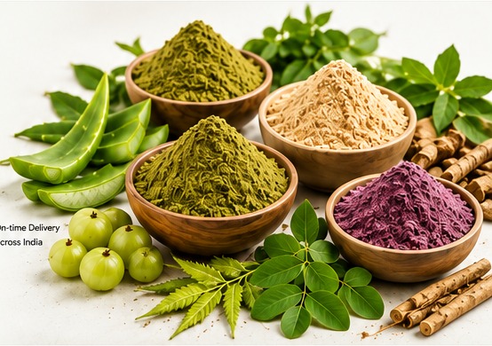 Natural powders with fresh leaves and fruits